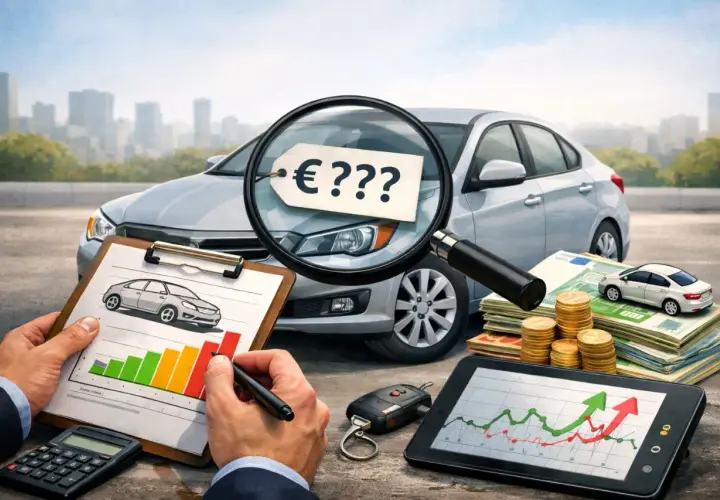 Valuta auto: analisi del prezzo con lente d'ingrandimento, grafici, calcolatrice e denaro.