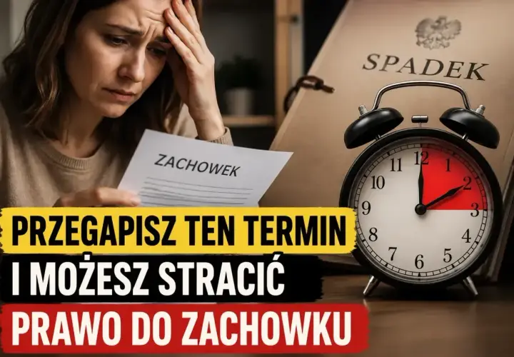 Zmartwiona kobieta trzyma dokument "Zachowek". Obok budzik i akta "Spadek". Uważaj na przedawnienie, by nie stracić prawa do zachowku.