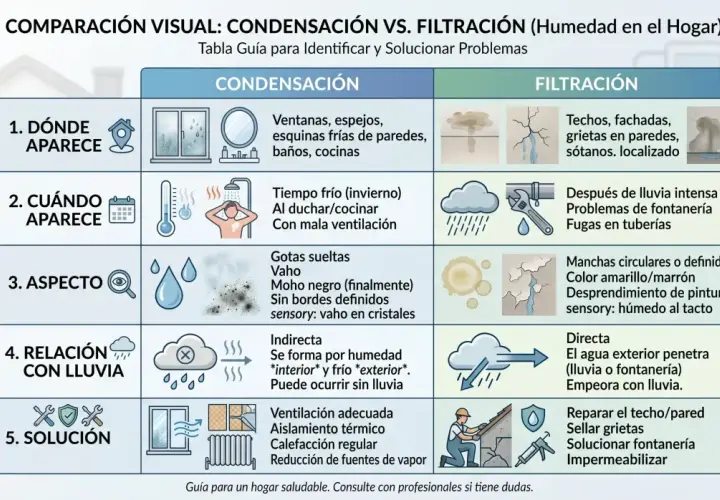 Tabla compara condensación y filtración, explicando la diferencia entre vapor y gas en el hogar. Muestra dónde, cuándo y cómo aparecen, y sus soluciones.