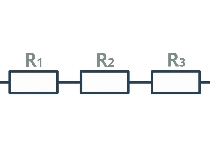 Schemat obwodu elektrycznego z trzema rezystorami R1, R2, R3 połączonymi szeregowo.