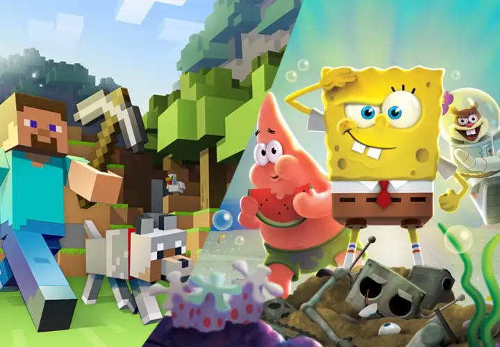 Steve z Minecrafta i Spongebob z przyjaciółmi – idealne gry na Xbox One dla dzieci.