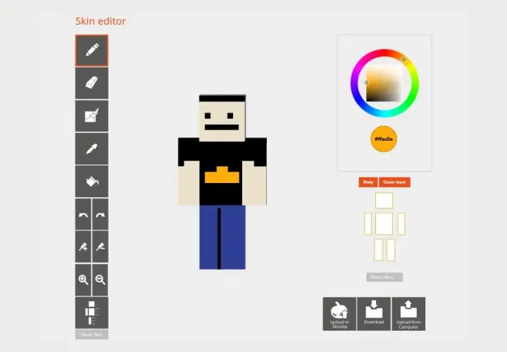 Edytor skórek do Minecraft. Zobacz, jak zmienić skina w Minecraft, korzystając z narzędzi do malowania i wyboru kolorów.