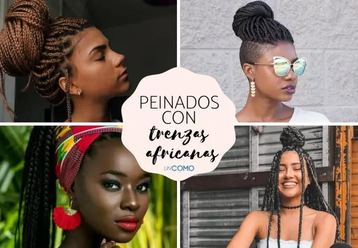 Mujeres con diversos tipos de trenzas africanas: recogidos altos, moños y estilos sueltos.