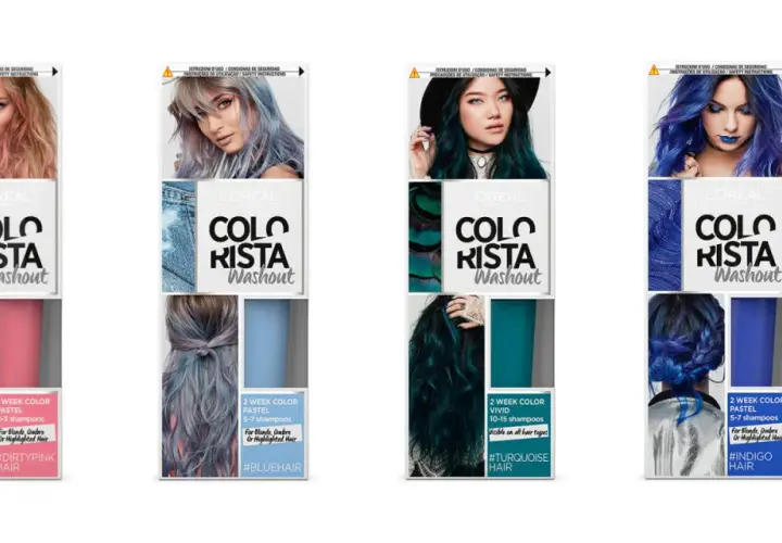 Cajas de tinte L'Oréal Colorista Washout con modelos de cabello teñido en rosa, azul, turquesa e índigo. Las mechas se aclaran con los lavados, mostrando la versatilidad del color.
