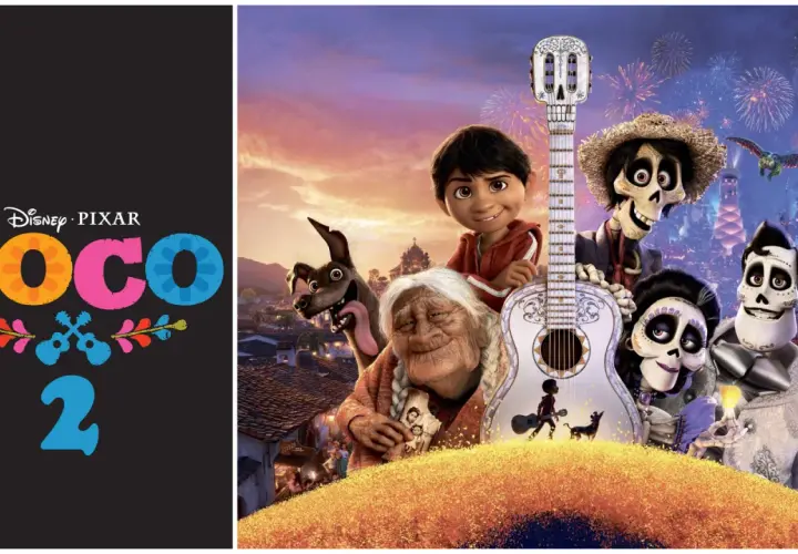 Plakat z napisem "Coco 2" i bohaterami filmu: Miguel, jego rodzina i pies Dante.
