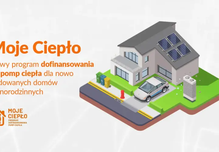 Nowy program "Moje Ciepło" wspiera budowę domów z pompami ciepła. Ilustracja przedstawia nowoczesny dom z panelami słonecznymi, samochodem elektrycznym i pompą ciepła.