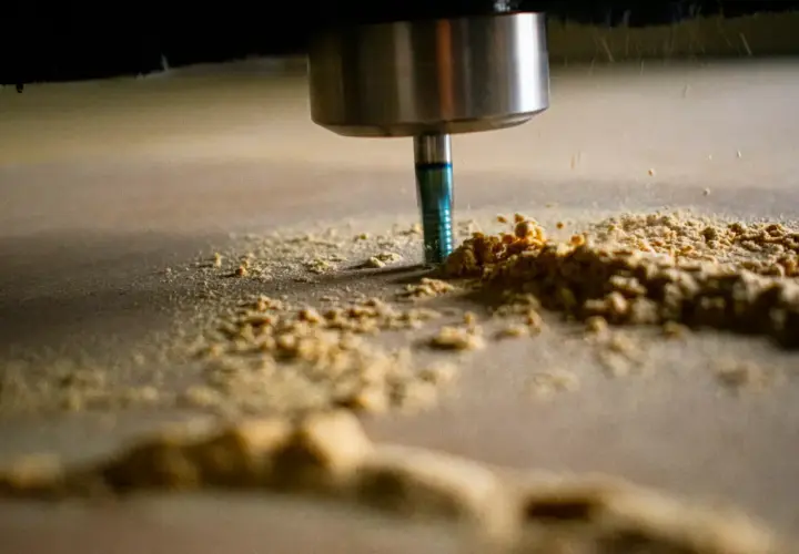 Frezarka CNC obrabia drewno, tworząc wióry. Optymalne parametry skrawania zapewniają precyzję i gładkość powierzchni.