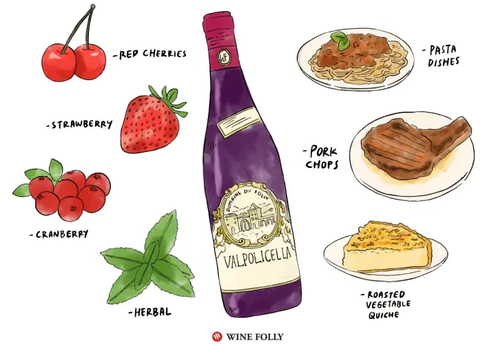 Butelka Valpolicella Ripasso obok wiśni, truskawek, żurawiny, ziół, kotletów schabowych, quiche i dań z makaronu.
