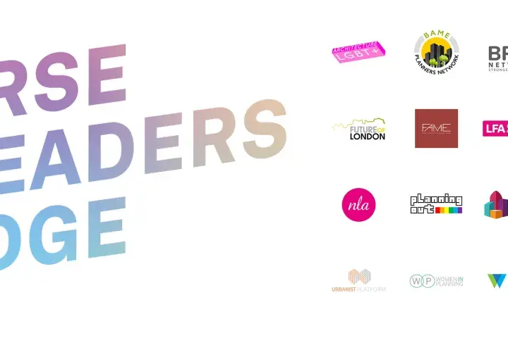 Diverse Leaders Pledge, a campaign championing inclusivity in the built environment, features logos from organizations like BAME Planners Network, Building People, and Real Estate Balance.