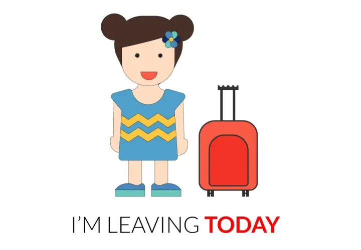 Bambina con valigia rossa, pronta a partire. Un esempio di avverbi di tempo in inglese: "I'm leaving TODAY".