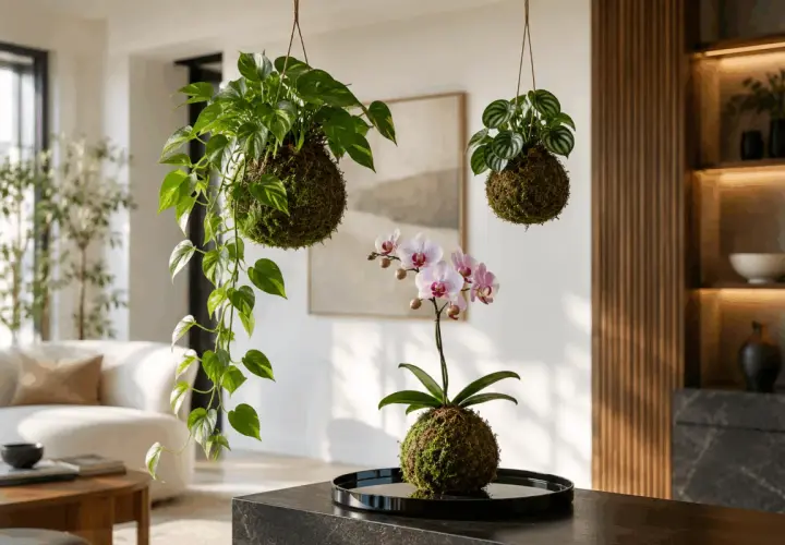 Kokedama: tre sfere di muschio con piante appese, una con orchidea rosa. Un'idea per arredare con stile.