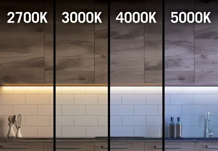 Porównanie barw światła: 2700K, 3000K, 4000K, 5000K. Ciepłe, neutralne i zimne odcienie oświetlenia kuchni.