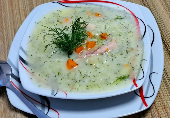 Aromatyczna zupa koperkowa z ryżem, kawałkami kurczaka i marchewką, udekorowana gałązką koperku.
