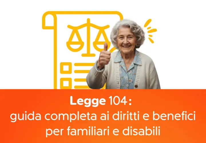 Anziana sorridente con pollice in su, simbolo di bilancia della giustizia e testo "Legge 104: guida completa ai diritti e benefici per familiari e disabili".