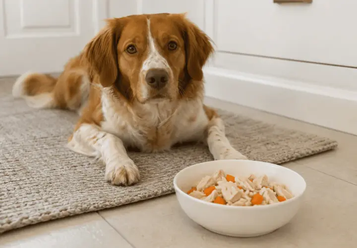 Ein braun-weißer Hund liegt neben einer Schüssel mit Futter, das wie Reis, Getreide und Fleisch aussieht.