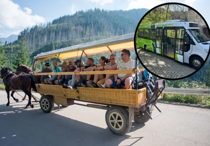 Morskie Oko: cennik meleksy i bryczki konne. Elektryczny bus obok tradycyjnego transportu.