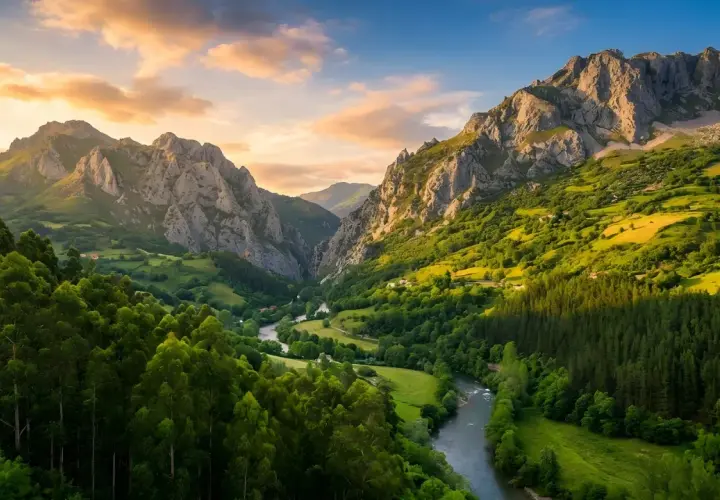 Un valle verde con un río serpenteante, montañas escarpadas y un cielo dorado. Parece la senda del oso, un lugar de belleza salvaje.