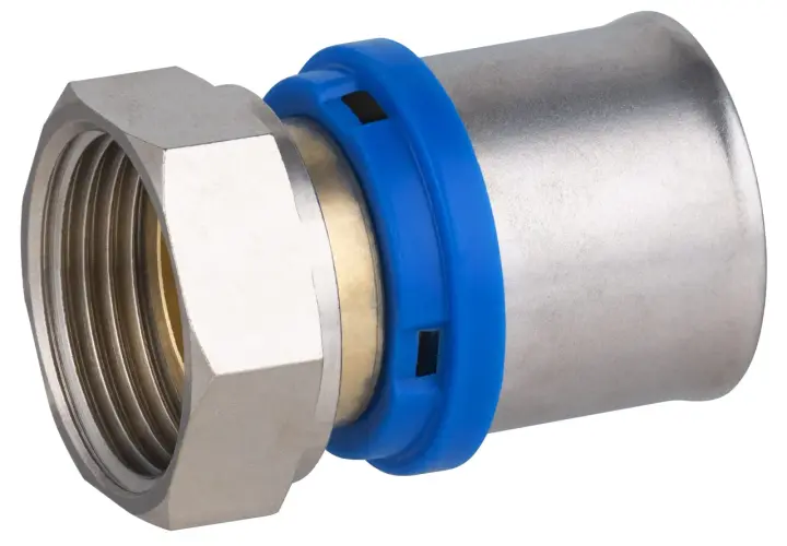 Racor de 8mm con tuerca y anillo azul, listo para conectar tuberías.