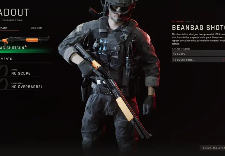 Personnage en tenue tactique, prêt ou pas, config du fusil à pompe Beanbag Shotgun. Pas d'accessoires.
