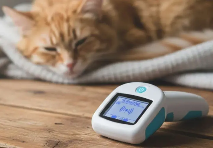 Un gato naranja duerme sobre una manta mientras un escáner muestra "SCANNING...". Averigua cuanto cuesta poner chip a un gato.