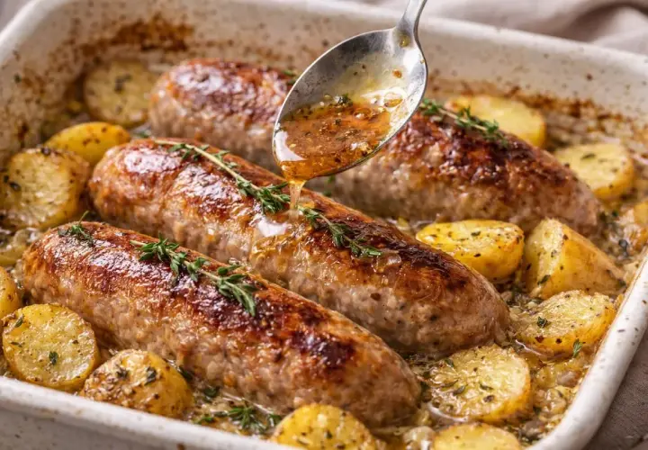 Saucissons à cuire au four, dorés et juteux, mijotent avec des pommes de terre dans un plat. Une cuillère arrose le tout d'une sauce au vin blanc savoureuse.