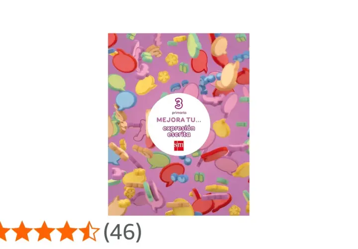 Imágenes para describir: Portada de libro "Mejora tu expresión escrita" para primaria, rodeada de burbujas de diálogo y flores de colores.