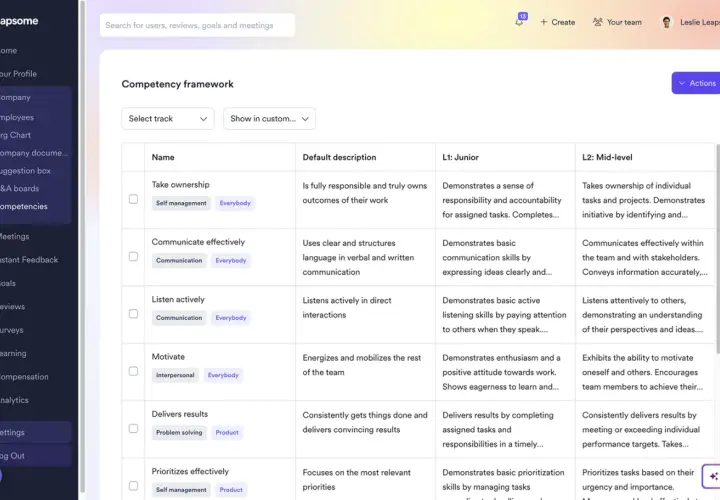 Competency framework with examples for mid year review, showing skills like "Take ownership" and "Communicate effectively" at Junior and Mid-level.