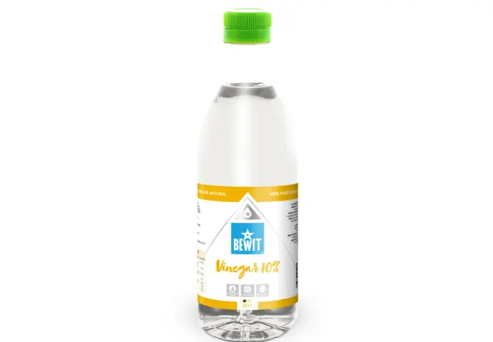 Butelka octu spirytusowego Bewit Vinegar 10% z zieloną nakrętką.