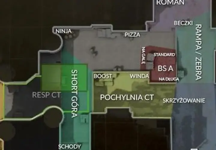 Mapa CS2 z zaznaczonymi obszarami: Ninja, Pizza, Resp CT, Short Góra, Roman, Beczki, Rampa/Zebra, BS A, Pochylnia CT, Skrzyżowanie.