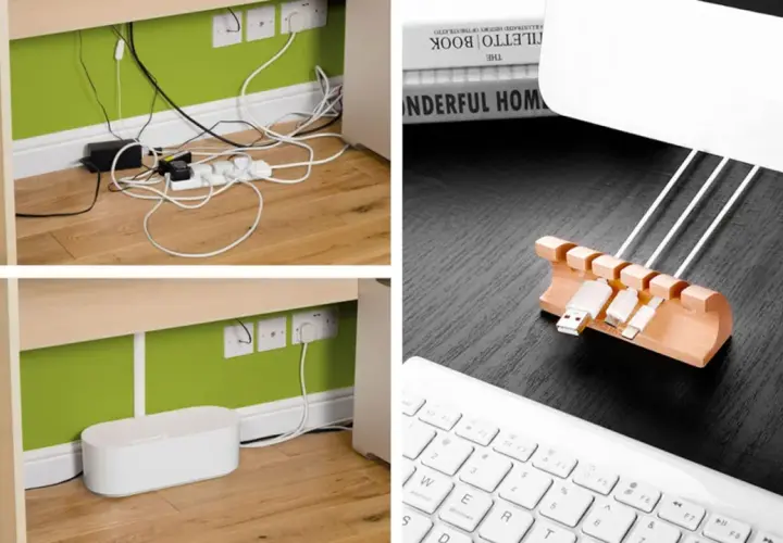 Organiza tu espacio: antes, un caos de cable por dentro; después, orden con una caja y un organizador de madera para tus cables.