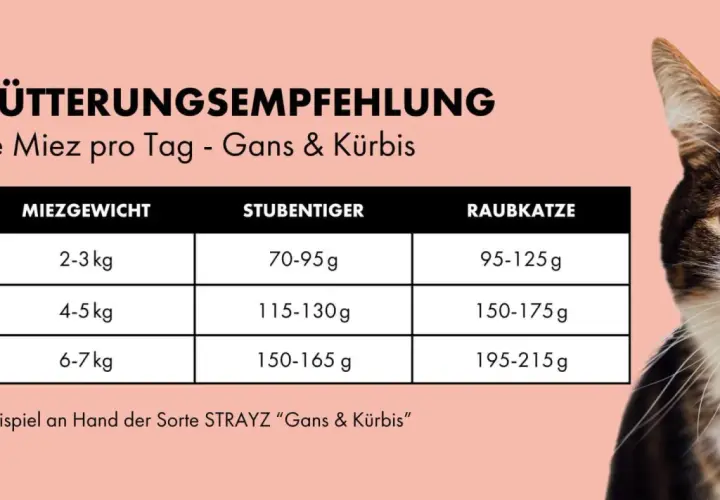 Tabelle: wieviel trockenfutter und nassfutter katze? Empfehlung für Katzenfutter (Gans & Kürbis) nach Gewicht und Aktivität.