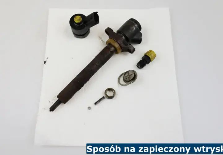 Rozłożony wtryskiwacz z widocznymi elementami, sprężynką i podkładką. Pokazuje, jak wyciągnąć podkładkę wtryskiwacza.