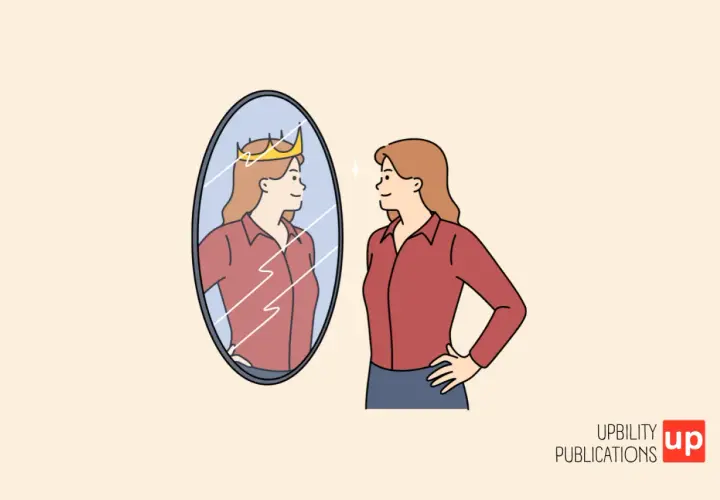 Donna con corona riflessa nello specchio, un'immagine che evoca il significato di egocentrico.