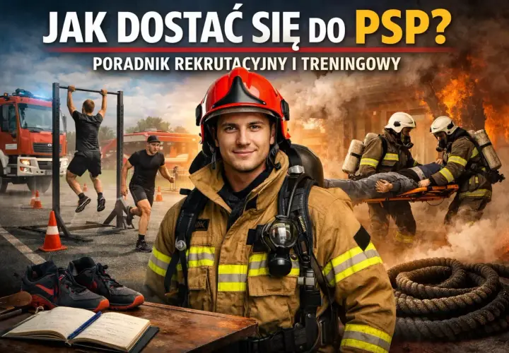 Młody strażak w pełnym rynsztunku, gotowy do akcji. W tle ćwiczący kandydaci i akcja ratunkowa.