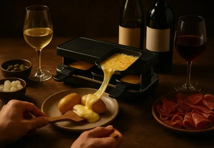 Un délicieux vin rouge accompagne une raclette fondante, des pommes de terre et de la charcuterie.