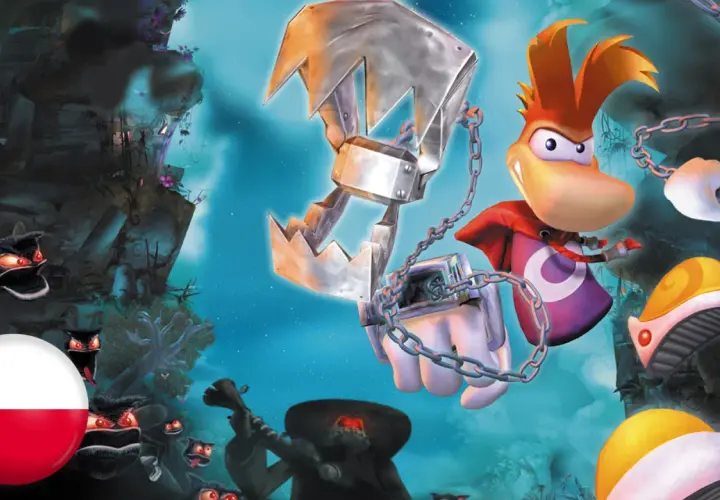Rayman 3 spolszczenie: Rayman walczy z potworami, a obok niego polska flaga.