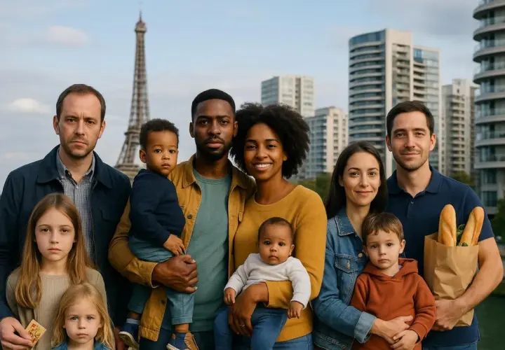 Familles diverses devant la Tour Eiffel, symbolisant la classe moyenne et son salaire, avec des enfants et des courses.