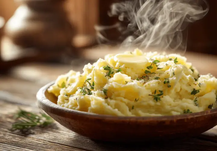 Un plat fumant d'écrase pomme de terre, garni de beurre fondant et d'herbes fraîches, sur une table en bois rustique.