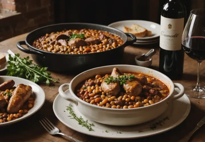 Un réconfortant cassoulet, garni de saucisses et de morceaux de viande, accompagné d'un verre de vin de Bordeaux.