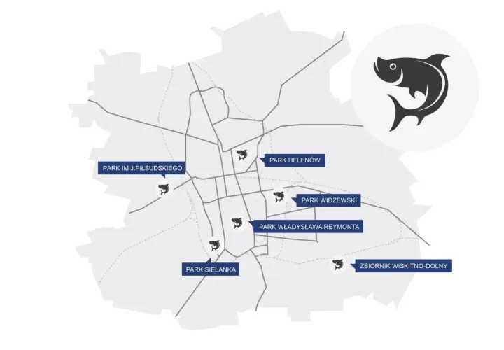Mapa z zaznaczonymi łowiskami PZW i ikonami ryb.