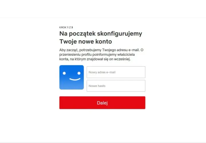 Ekran tworzenia nowego konta Netflix z polami na e-mail i hasło.