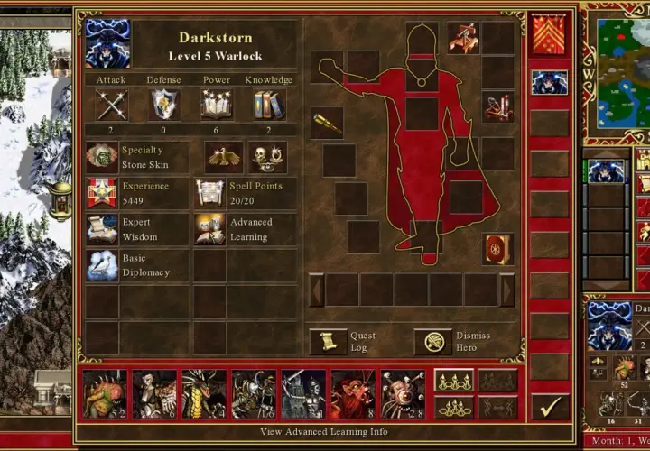 Might and Magic 1: Bohater Darkstorm, poziom 5 Warlock, z atakami, obroną, mocą i wiedzą. Na mapie świata widać zimowy krajobraz.