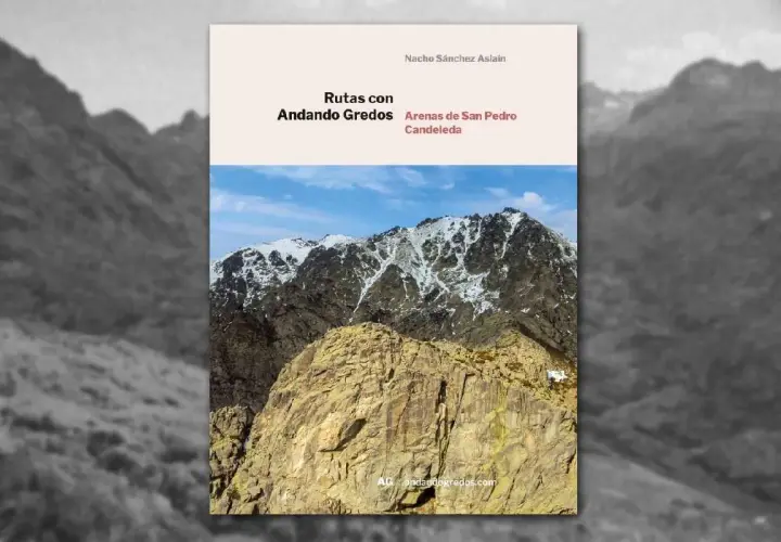 Libro "Rutas con Andando Gredos" sobre Arenas de San Pedro y Candeleda, con imagen de montañas nevadas.