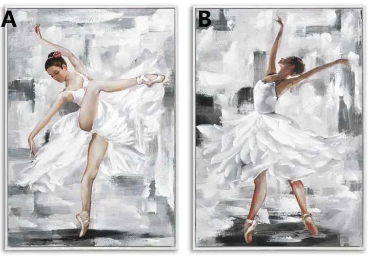 Dos cuadros de bailarinas en movimiento, con tutús blancos vaporosos y fondos abstractos en blanco y negro.