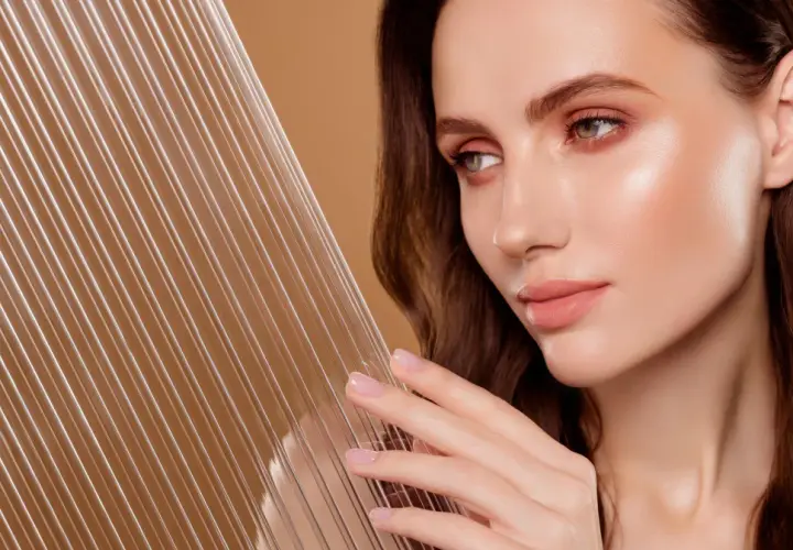 Kobieta z idealną cerą, która emanuje zdrowiem i blaskiem, osiągając efekt glass skin. Jej skóra jest gładka i świetlista, niczym tafla szkła.
