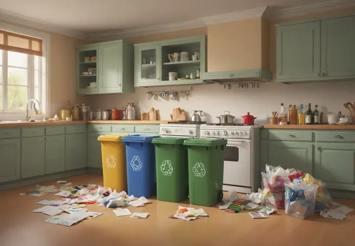 Cztery kosze na śmieci w kuchni, symbolizujące co to recykling, z porozrzucanymi papierami i workami.