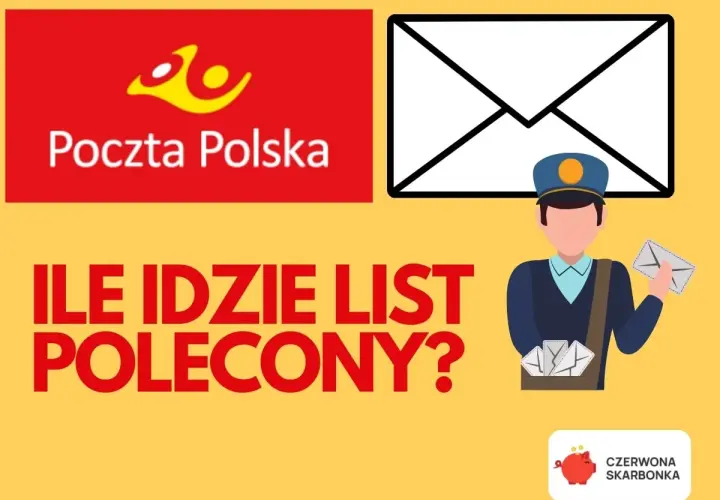 Poczta Polska pyta: ile idzie list polecony priorytetowy? Grafika z listonoszem i kopertami.