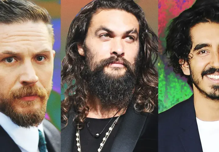 Trzech mężczyzn z różnymi stylami brody: Tom Hardy, Jason Momoa i Dev Patel. Inspiracja do modelowania brody.