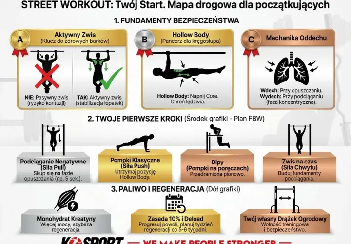 Kalistenika dla początkujących - plan: fundamenty bezpieczeństwa (aktywny zwis, hollow body, oddech), pierwsze kroki (podciąganie negatywne, pompki, dipy, zwis na czas) i regeneracja.