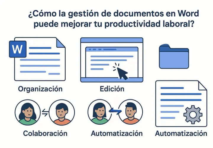 Iconos ilustran organización, edición, colaboración y automatización de documentos en Word, mejorando la productividad. Metadatos Word.